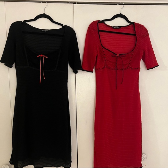 TWO Betsey Johnson Sheer Midi Red & Black Dresses with Rosettes - Picture 5 of 5